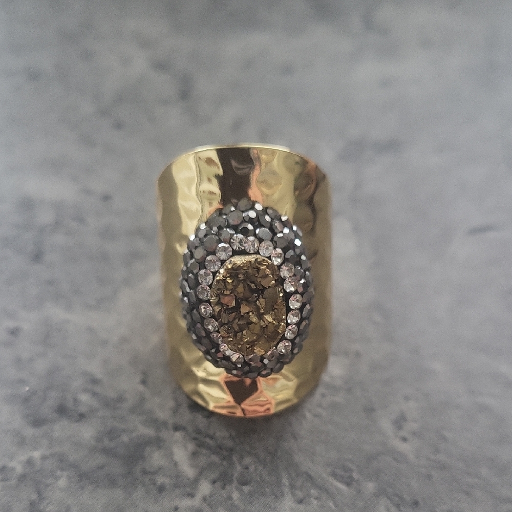 Gold Hammered Statement Ring with Vintage Cluster